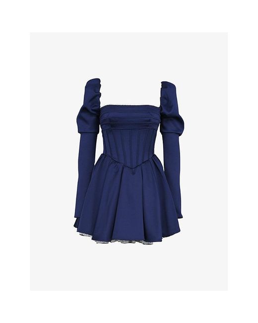 House Of Cb Blue Venetia Puff-Sleeve Satin Mini Dress