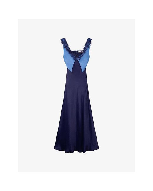 OMNES Blue Caroline Lace-Trim Satin Midi Dress