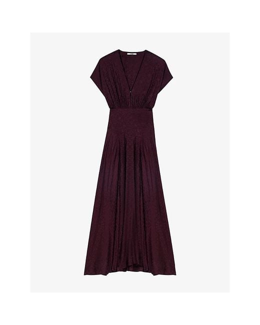 Maje Purple Jacquard V-Neck Woven Maxi Dress