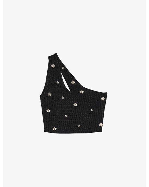 Sandro Black One-shoulder Cropped Knitted Top
