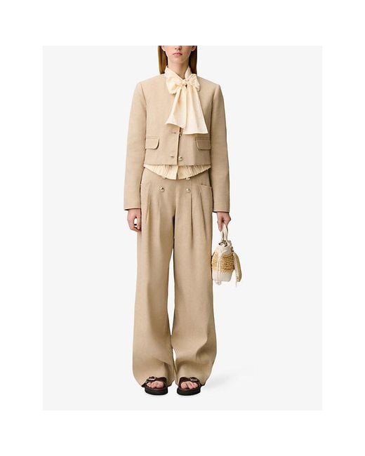 Claudie Pierlot Natural Round-Neck Cropped Linen-Blend Jacket