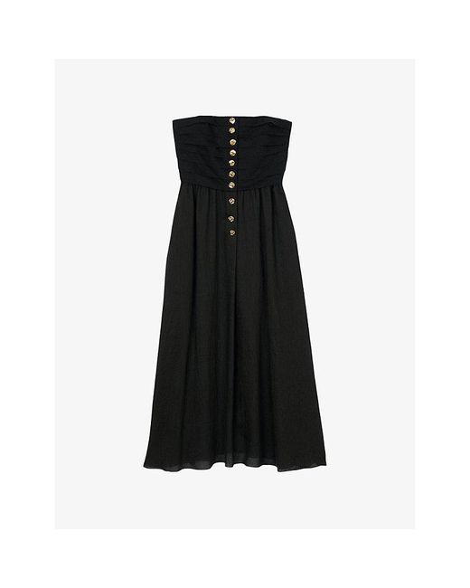 Sandro Black Button-Embellished Bandeau Cotton Midi Dress