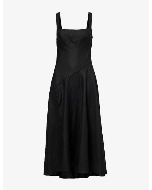 Reformation Black Bekki Square-neck Linen Midi Dress
