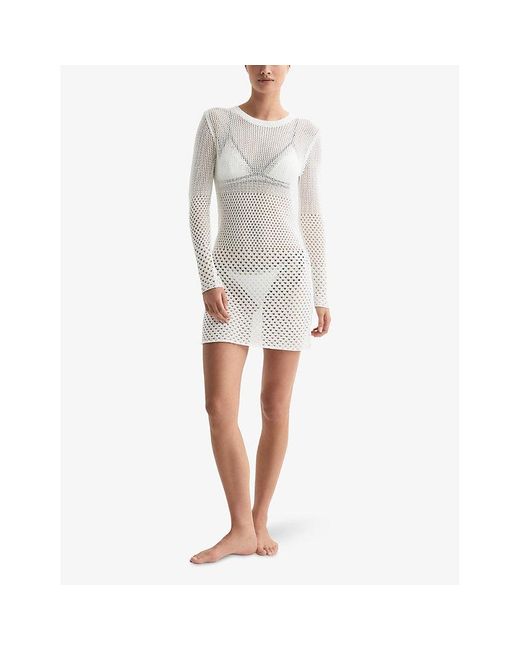 Reiss White Esta Semi-sheer Crochet Mini Dress