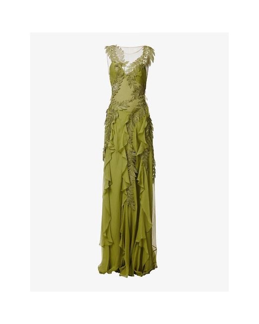 Alberta Ferretti Green Floral-appliqué Flared-hem Silk Gown