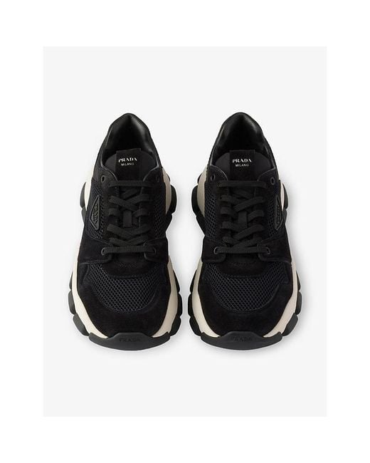 Prada Black Panelled Mesh And Suede Trainers
