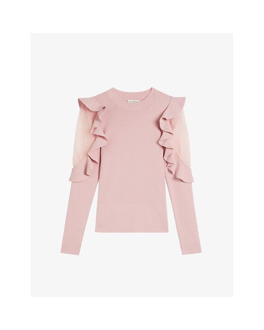 Ted Baker Pink Floraas Sheer-shoulder Frill-sleeve Stretch-knit Top