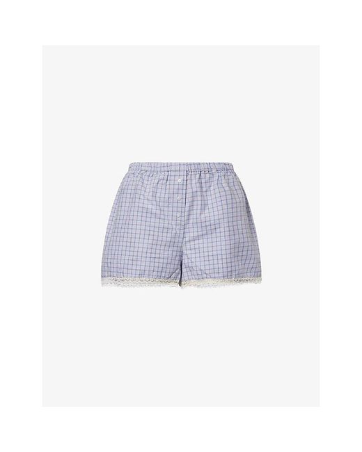 Cou Cou Intimates Blue The Boxer Check-Print Cotton-Poplin Shorts