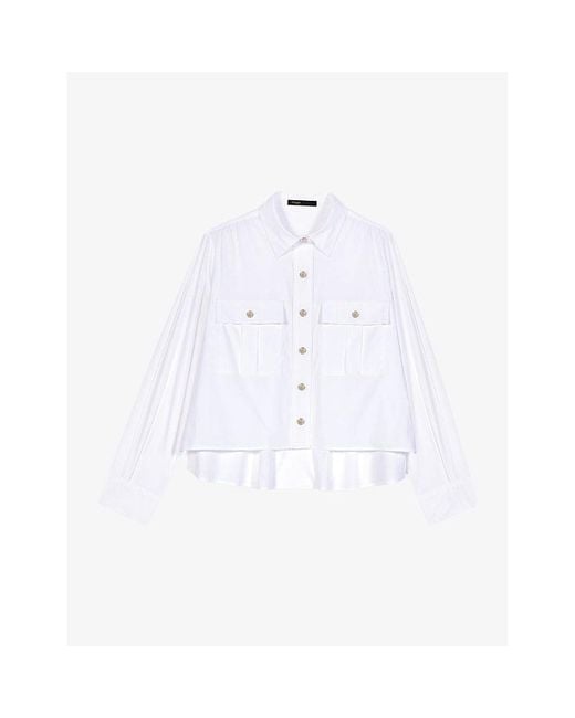 Maje White Patch-pocket Cropped Stretch-cotton Shirt