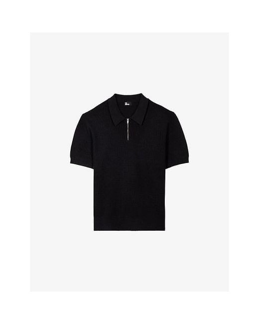 The Kooples Black Waffle-Textured Zipped Knitted Polo Shirt for men
