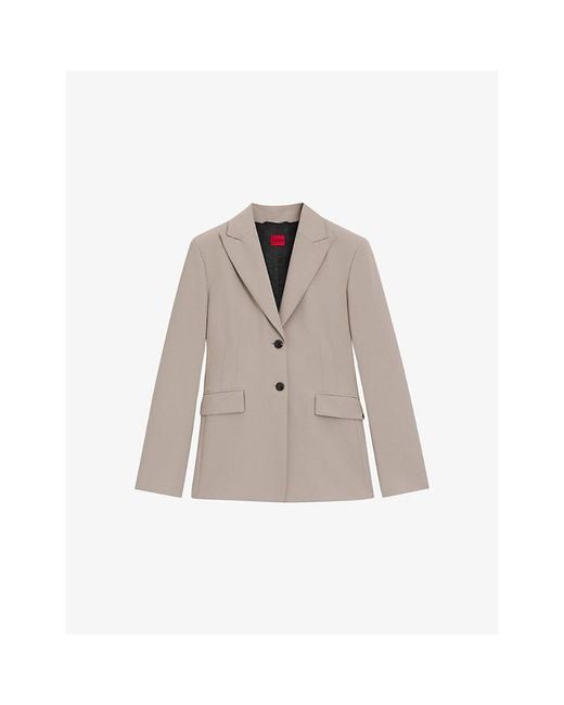 HUGO Gray Single-Breasted Peak-Lapel Stretch-Woven Blazer