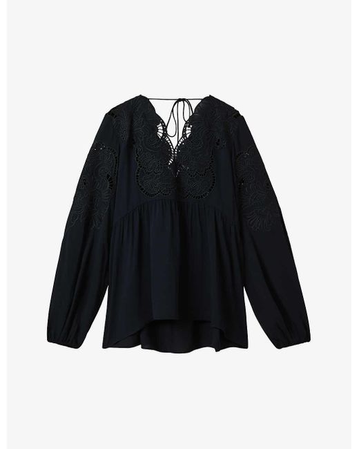 Reiss Black Noa Lace-insert Relaxed-fit Stretch-woven Blouse