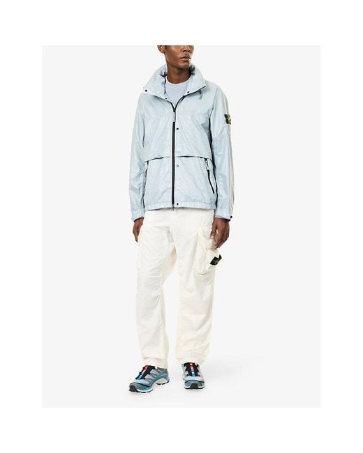 Stone Island Blue Foldable-Hood Logo-Patch Woven Jacket for men