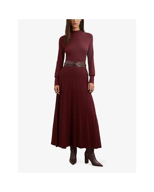 Reiss Red Alicia Belted Knit Pleated Midi Dress