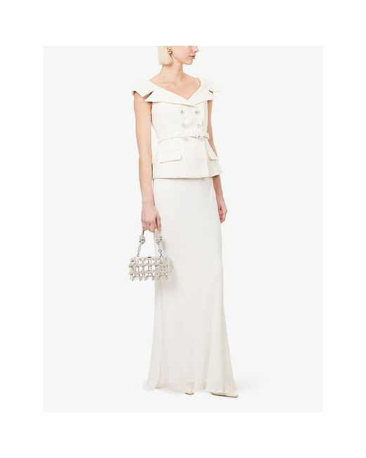 Self-Portrait White Off-Shoulder Belted Boucle And Crepe Maxi Dress