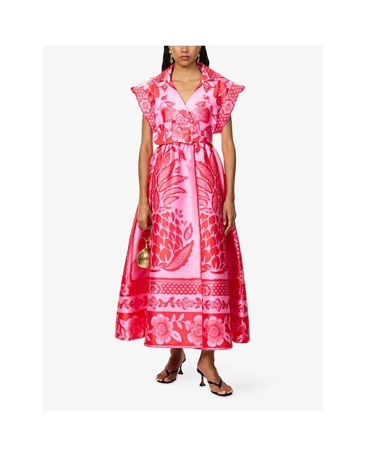 Ara Pink Floral-Print Belted Satin Maxi Dress