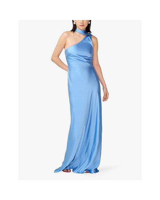 OMNES Blue Brioni One-Shoulder Satin Maxi Dress