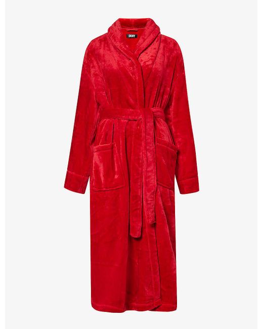 DKNY Red Relaxed-fit Logo-embroide Fleece Robe