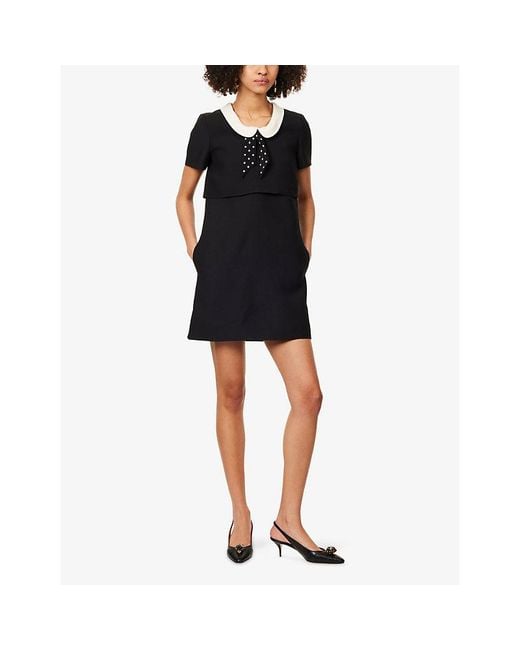 Valentino Black Contrast-Collar Short-Sleeve Wool-Silk Mini Dress