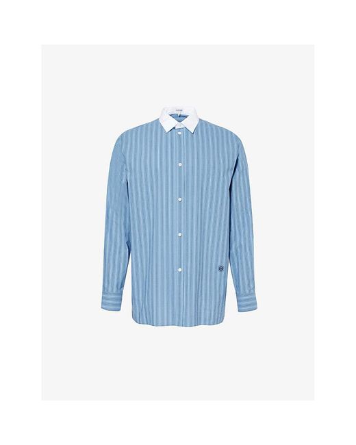 Loewe Blue Brand-embroidered Pleated-cuff Relaxed-fit Cotton-poplin Shirt for men
