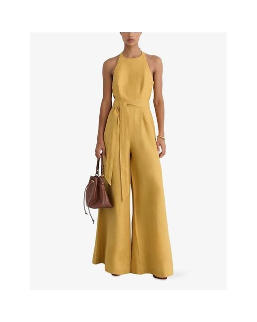 Reiss Yellow Della Halterneck Linen Jumpsuit