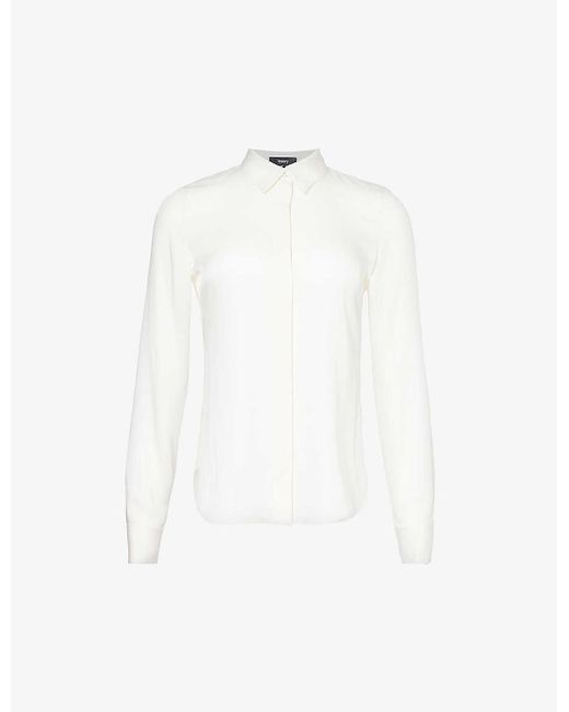 Theory White Curved-hem Regular-fit Silk Shirt