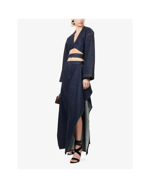 Alaïa Blue Ruffle-Hem Contrast-Stitch Denim Jeans