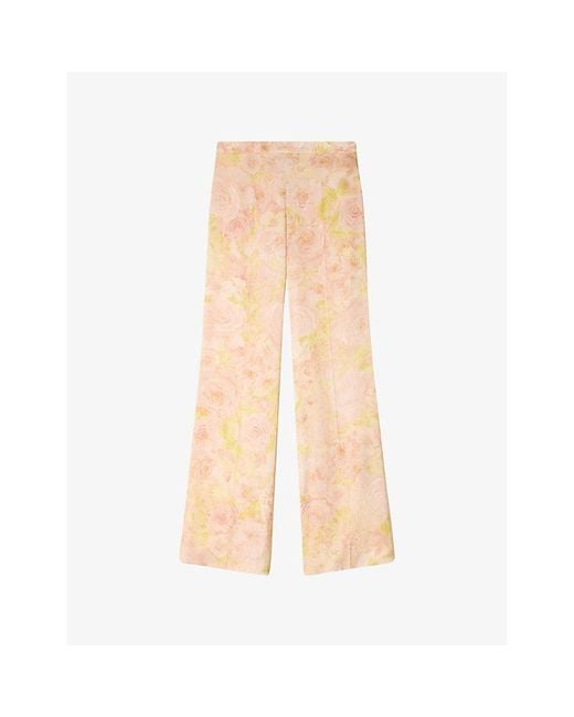 Sandro Natural Floaty Floral-Print Woven Trousers