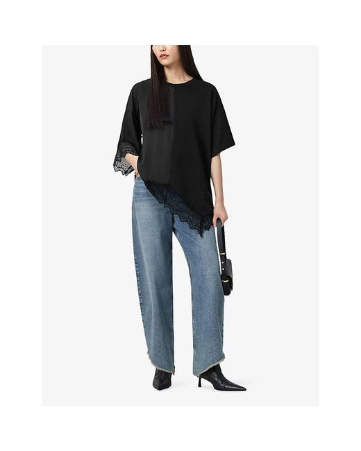 AllSaints Black Lenny Round-Neck Lace-Embroidered Cotton T-Shirt
