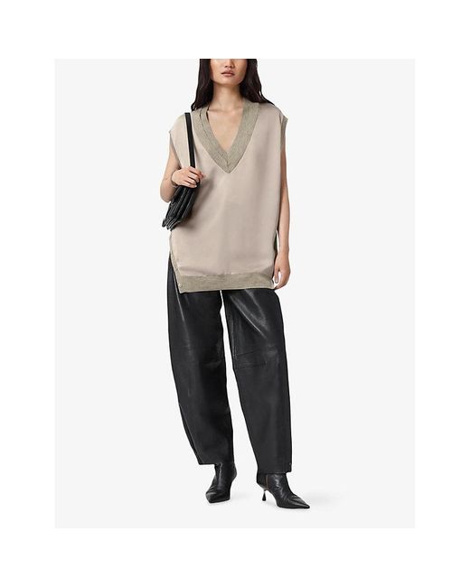 AllSaints Natural Bern Stud-Embellished Satin And Wool Tank Top