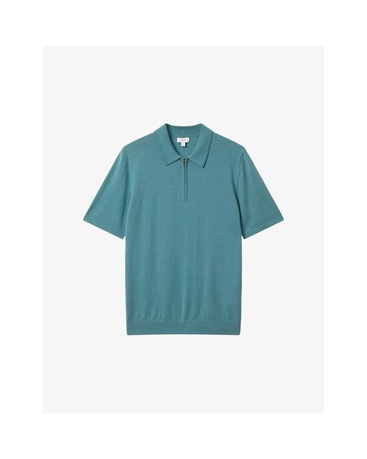 Reiss Blue Maxwell Half-zip Knitted Merino-wool Polo Shirt for men