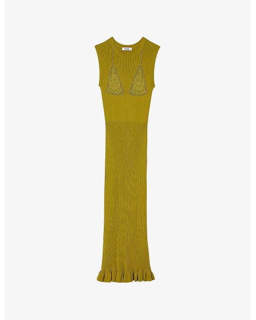 Sandro Green Triangle Panel Pearl-embellished Knitted Maxi Dress
