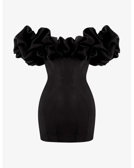 House Of Cb Black Selena Off-shoulder Stretch-satin Mini Dress