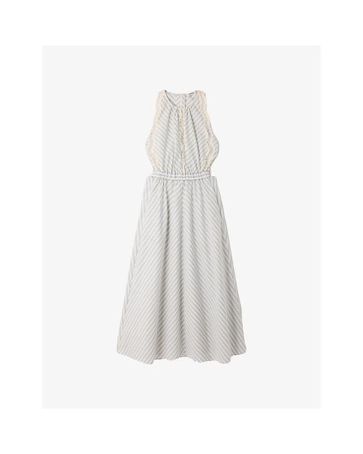 Sandro White Striped Contrast-Trim Cotton Maxi Dress