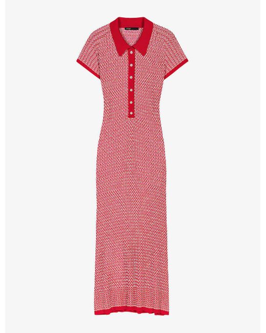 Maje Pink Polo-collar Slim-fit Knitted Midi Dress