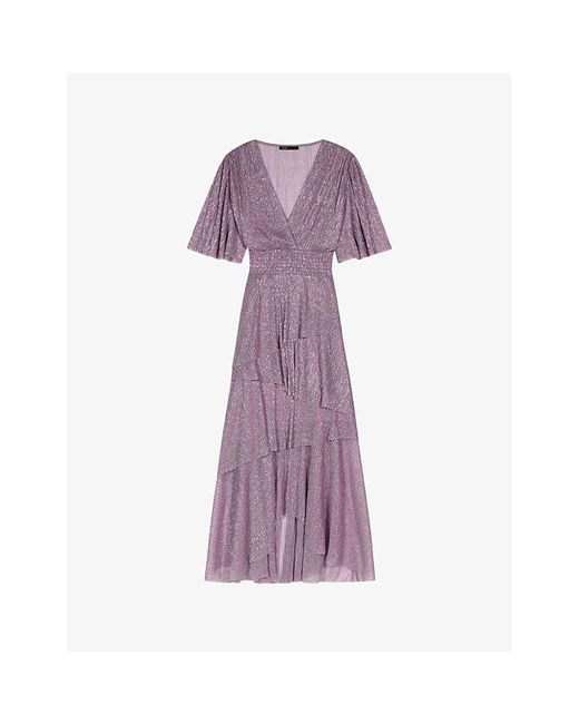 Maje Purple Embellished-ruffled V-neck Plissé Maxi Dress