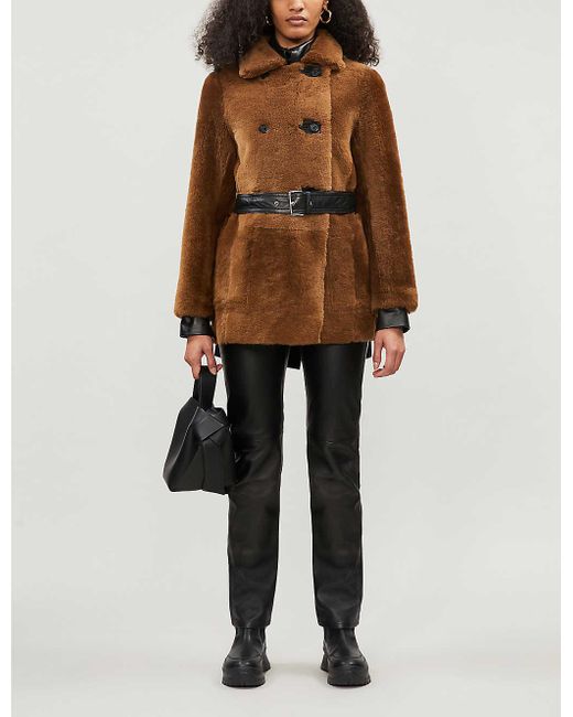 Maje Gaban Double-breasted Leather And Shearling Coat in Black | Lyst