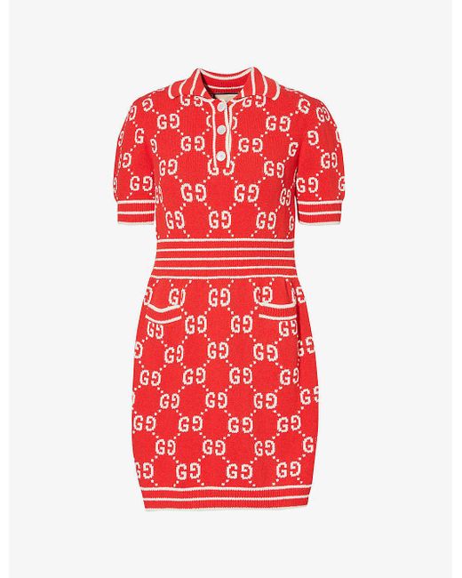 Gucci Red Monogram-print V-neck Cotton-blend Mini Dress