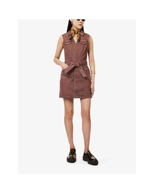 PAIGE Brown Kelsee Belted Stretch-denim Mini Dress