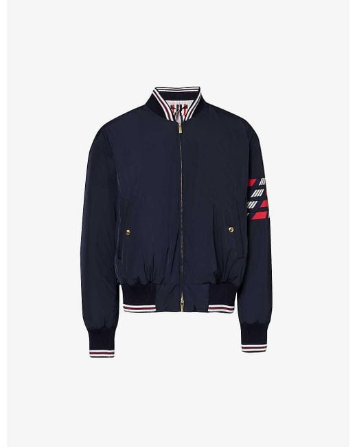 Thom Browne Blue Vy Four-bar Brand-patch Shell-down Bomber Jacket for men