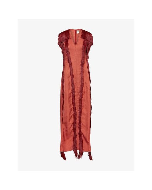 Rebirth Red Sleeveless Fringed Woven Maxi Dress