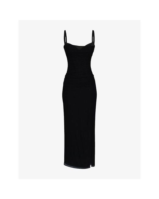 House Of Cb Black Lini Corset-Bodice Stretch-Mesh Maxi Dress Xs (A-C Cup)