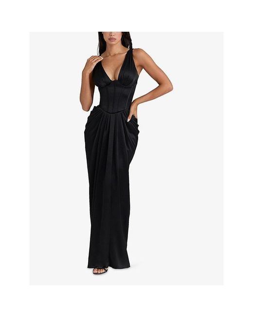 House Of Cb Black Angeline Hourglass Plunge-Neck Satin Maxi Dress Xs (A-C Cup)