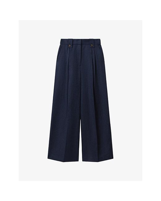 Reiss Blue Leila Wide-leg High-rise Linen Trousers