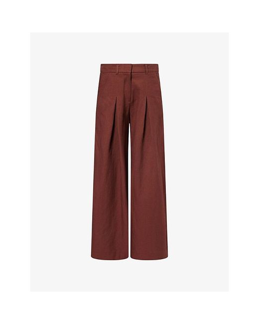ME+EM Red Wide-Leg Pleat Front Linen-Cotton Blend Trousers