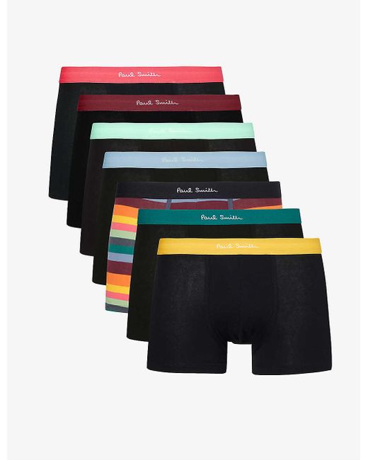 Paul Smith Black Branded-waistband Pack Of Seven Stretch Organic-cotton Trunks for men