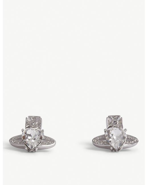 Vivienne Westwood White Crystal And Rhodium Heart Shape Ariella Orb Earrings