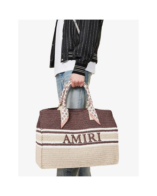 Amiri Brown Brand-embroidered Striped Raffia Tote Bag for men