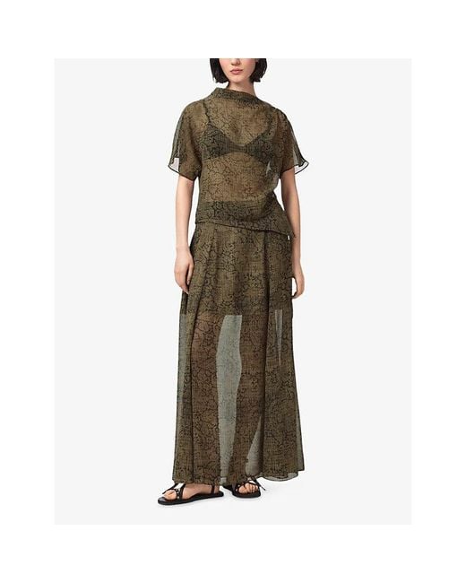 AllSaints Green Sali Graphic-Print Woven Midi Skirt