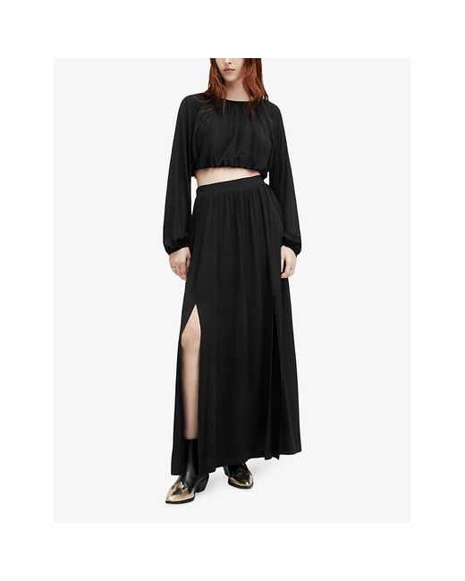 AllSaints Black Casandra Gathered Stretch-woven Maxi Skirt